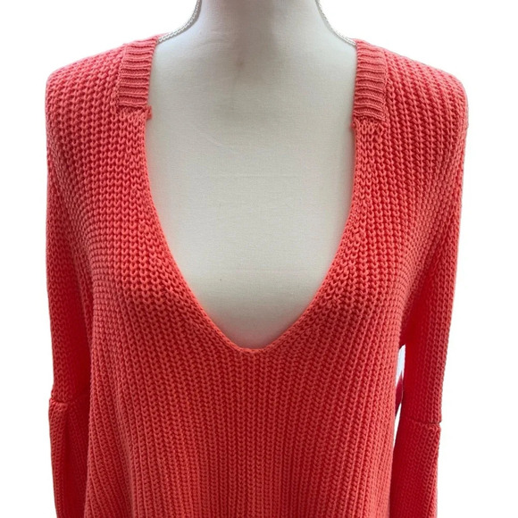 Free People Damsel Orange Flare Sleeve Deep V-Neck Chunky Knit Sweater Medium - Picture 2 of 15